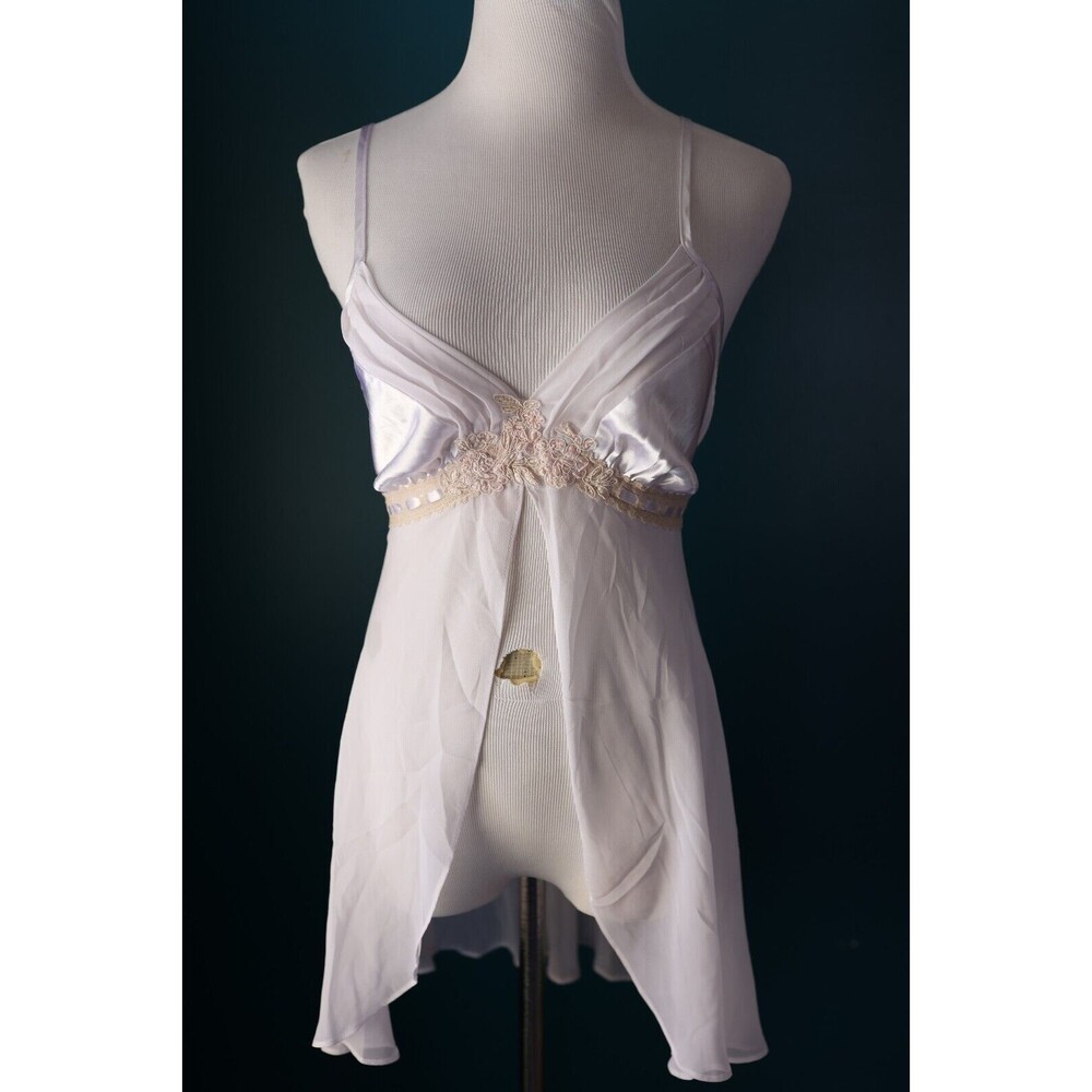VTG George Y2K White Sheer Lace Satin Camisole Babydoll Tank Lingerie Fairycore